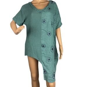 Italian Linen Top Asymmetrical Hem Embroidered Flowers  L/XL NWT Lagenlook Boho